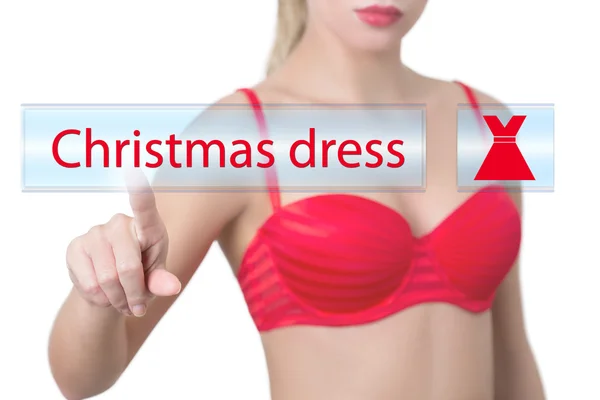Donna premendo il pulsante abito di Natale — Foto Stock
