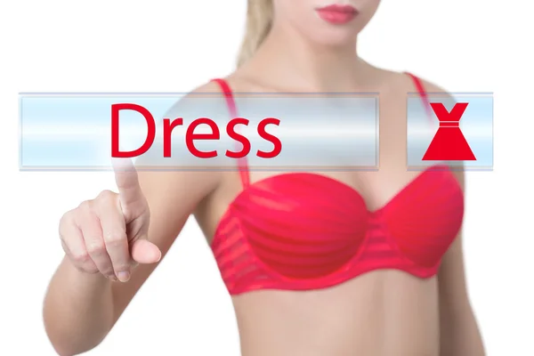 Woman pressing  dress button — Stock Photo, Image