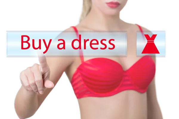 Mulher pressionando comprar um botão vestido — Fotografia de Stock