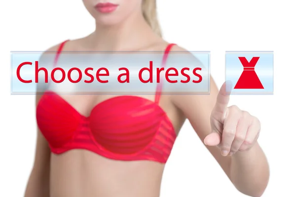 押すと女性はドレスのボタンを選択します。 — ストック写真