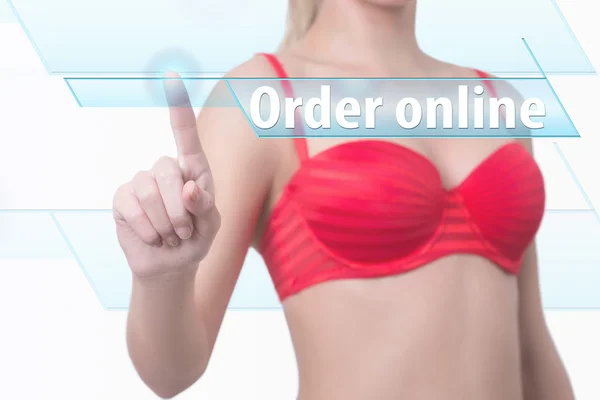 Woman pressing order online button — Stock Photo, Image