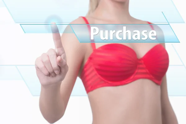 Woman pressing purchase button — Stock Photo, Image