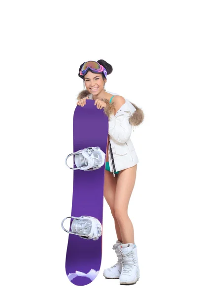 Seksi giyimli kadın snowboard ile — Stok fotoğraf