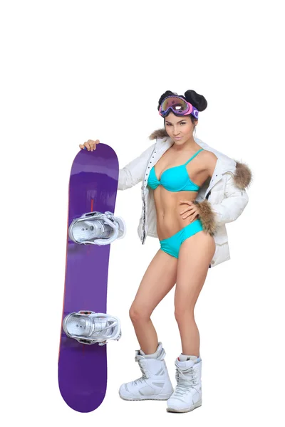 Seksi giyimli kadın snowboard ile — Stok fotoğraf