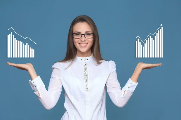 Woman pointing her finger on imaginery button — Stock Photo, Image