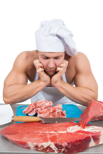 Man holding a piece of raw meat. — Stock Photo, Image