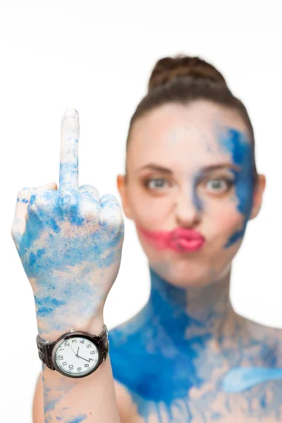 Woman. make-up colour paint, showing middle finger — Stock Photo, Image