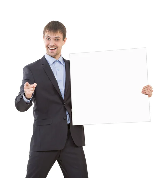 Business man shows a finger  blank  signboard — Stock Photo, Image