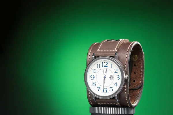 Mens watches with wide leather bracelet — Stock Photo, Image