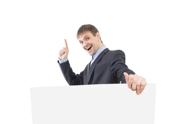 Business man shows a finger  blank  signboard — Stock Photo, Image