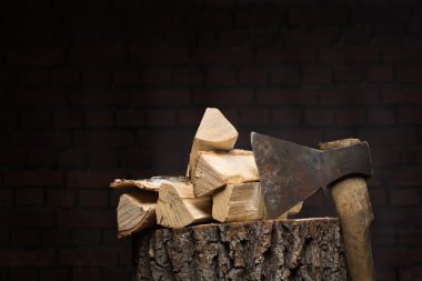 birch firewood, old rusty ax clipart