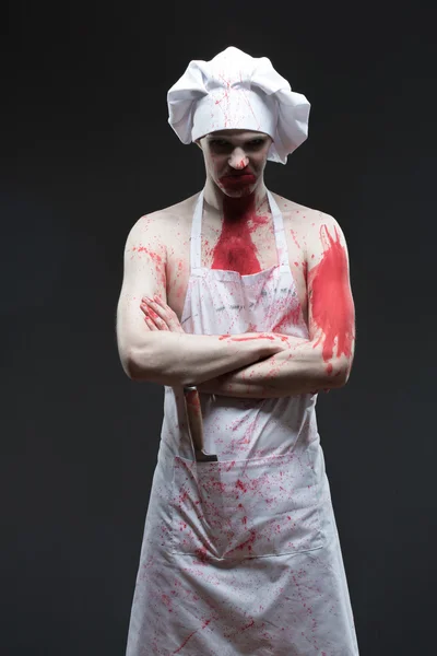 Carnicero. agresivo maníaco chef en la sangre —  Fotos de Stock
