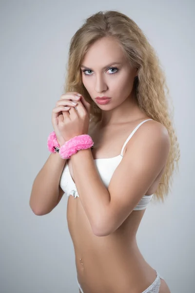 Woman in underwear, bite handcuffs, bdsm, sex toy — Stock Photo, Image