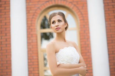 Bir tuğla duvar zemin üzerine gelin. Gelinlik