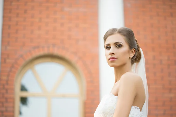 Bruid op een bakstenen muur achtergrond. Wedding Dress — Stockfoto