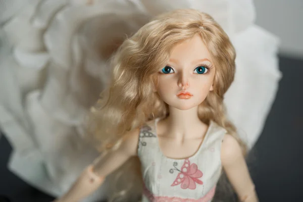 Bella bambola su uno sfondo di fiore artificiale — Foto Stock