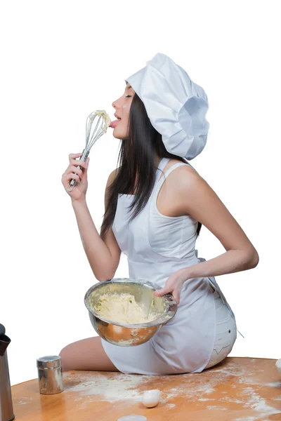 Sexy donna in uniforme chef impastare la pasta — Foto Stock