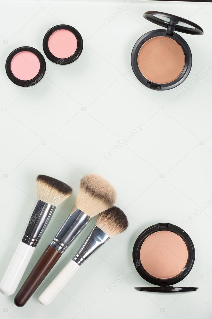 Set of professional cosmetic: make-up brushes, shadows, Front part.