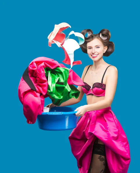 Pin-up girl with a basket with the laundry — Stock Photo, Image