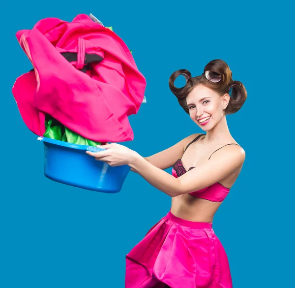 Pin-up girl with a basket with the laundry — Stock Photo, Image