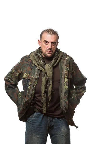 Adult scary man in a camouflage jacket. a dangerous person. — Stock Photo, Image