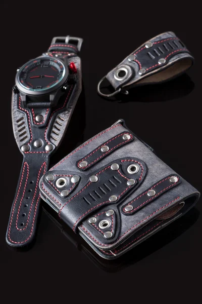 Tartozék kit. motoros watch, pénztárca és kulcskarikával. — Stock Fotó