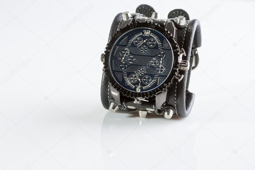 cool watch on a white background. leather bracelet