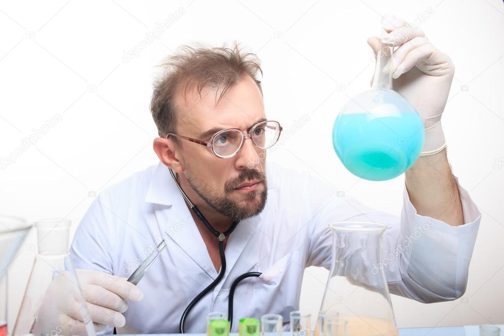 Mad chemist in the lab doing reaction