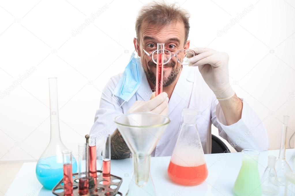Mad chemist in the lab doing reaction