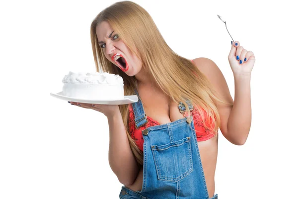 Busty sexy girl eating cake with whipped cream — Stock Photo, Image