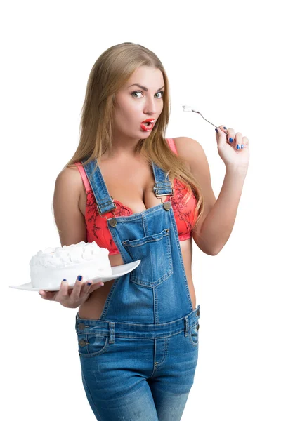 Tetona chica sexy comiendo pastel con crema batida — Foto de Stock