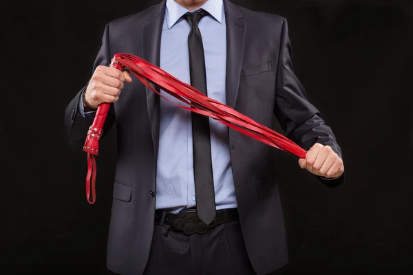 Man in business suit with chained hands. handcuffs for sex games — Stock Photo, Image