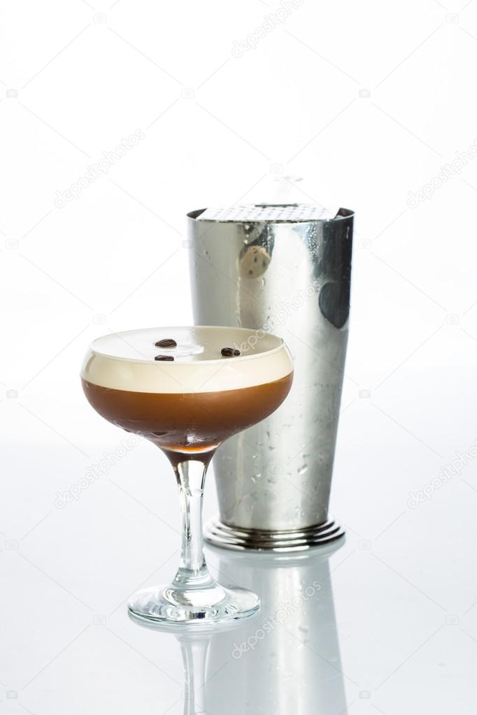 Layered Chocolate Cocktail with Whipped Cream in Glass Isolated White Background