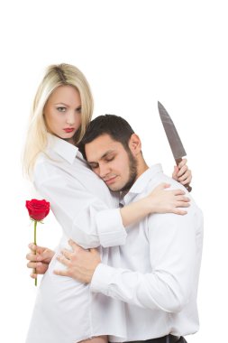 girl holding knife traitor. man with rose in his hand. white background clipart