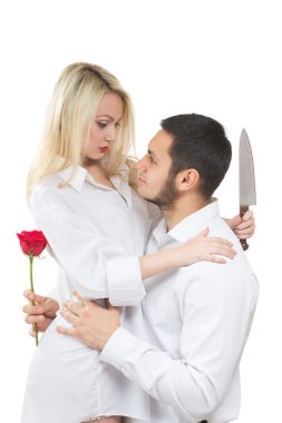 girl holding knife traitor. man with rose in his hand. white background clipart