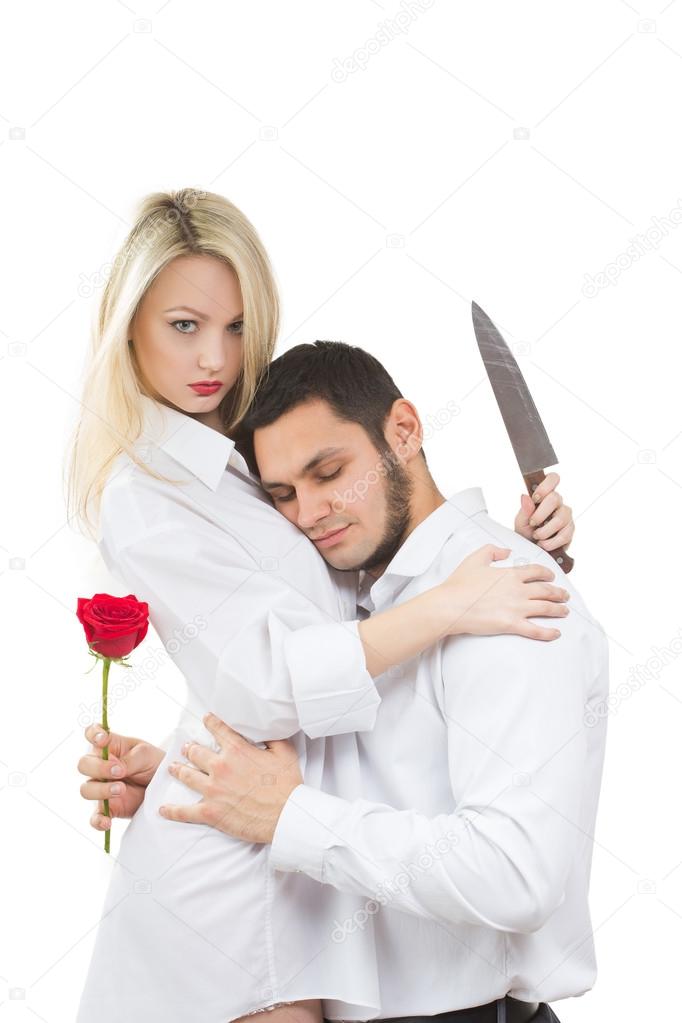 girl holding knife traitor. man with rose in his hand. white background