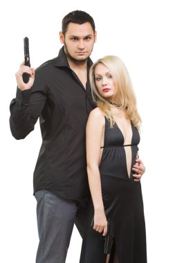 Adam Dedektif Ajan casus ceza ve seksi kadın silahla. Beyaz arka plan üzerinde izole.