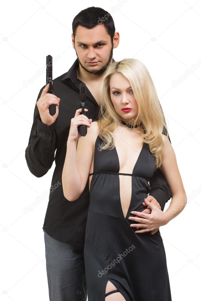 Man detective agent criminal and sexy spy woman with gun. Isolated on white background.