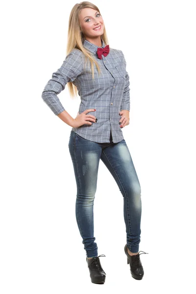 Mädchen in Jeansshirt und Krawatte. isoliert auf weißem Hintergrund — Stockfoto