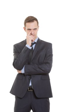 hareketleri yalan güvensizlik. beden dili. iş adamı izole üzerinde beyaz arka plan uygun. burun dokunmadan parmak. kartları