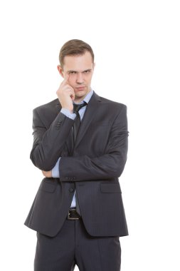 hareketleri yalan güvensizlik. beden dili. iş adamı izole üzerinde beyaz arka plan uygun. parmak alt köz kapagi dokunur. göz