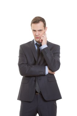 hareketleri yalan güvensizlik. beden dili. iş adamı izole üzerinde beyaz arka plan uygun. memesi çeker