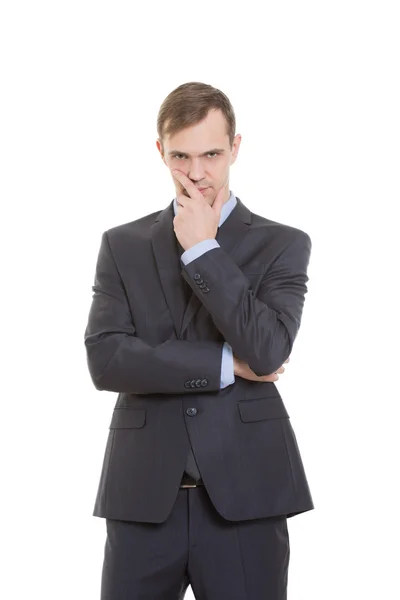 Gestures distrust lies. body language. man in business suit isolated on white background. closed position. closes mouth by hand. his arms — Stock Photo, Image