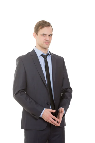 stock image body language. man in business suit isolated on white background. gesture of confidence. excellence