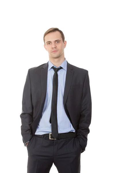 Body language. man in business suit isolated on white background. hands pockets — Stock Photo, Image