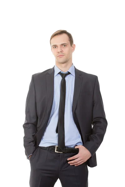 Body language. man in business suit. isolated white background. hand on the belt — Stock Photo, Image