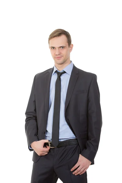 Körpersprache. Mann im Business-Anzug. isolierter weißer Hintergrund. Hand am Gürtel — Stockfoto