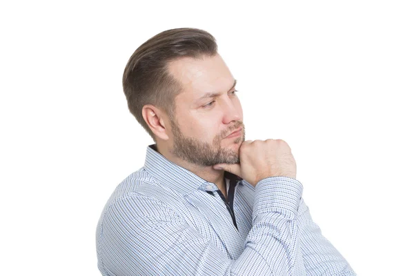 Homem adulto com barba. isolado em fundo branco. dedo sob o queixo . — Fotografia de Stock