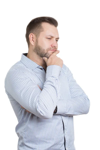 Macho adulto con barba. aislado sobre fondo blanco. dedo bajo la barbilla . — Foto de Stock