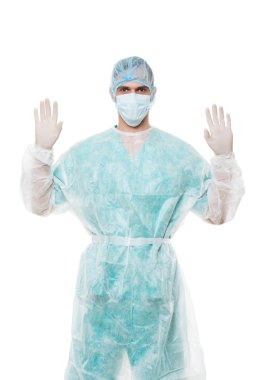 Cerrah portre. Ellerini kaldırdı. Beyaz arka plan üzerinde izole